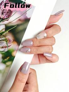 10 piezas de uñas postizas cuadradas hechas a mano, uñas medianas de color púrpura y blanco con elegante polvo de perlas, actualiza tu apariencia, suministros para uñas, decoración de diamantes, estilo dulce, lindo, uñas postizas para mujeres y niñas para usar en otoño, invierno, vacaciones de Navidad o uso diario