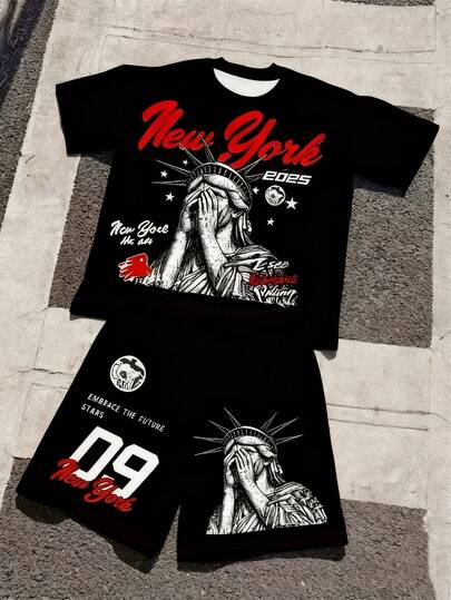 2pcs/Set Boys Casual Sports Fashion Outfit, New York Statue Of Liberty Classic Number 09 Graphic Print T-Shirt And Shorts Set, Spring/Summer