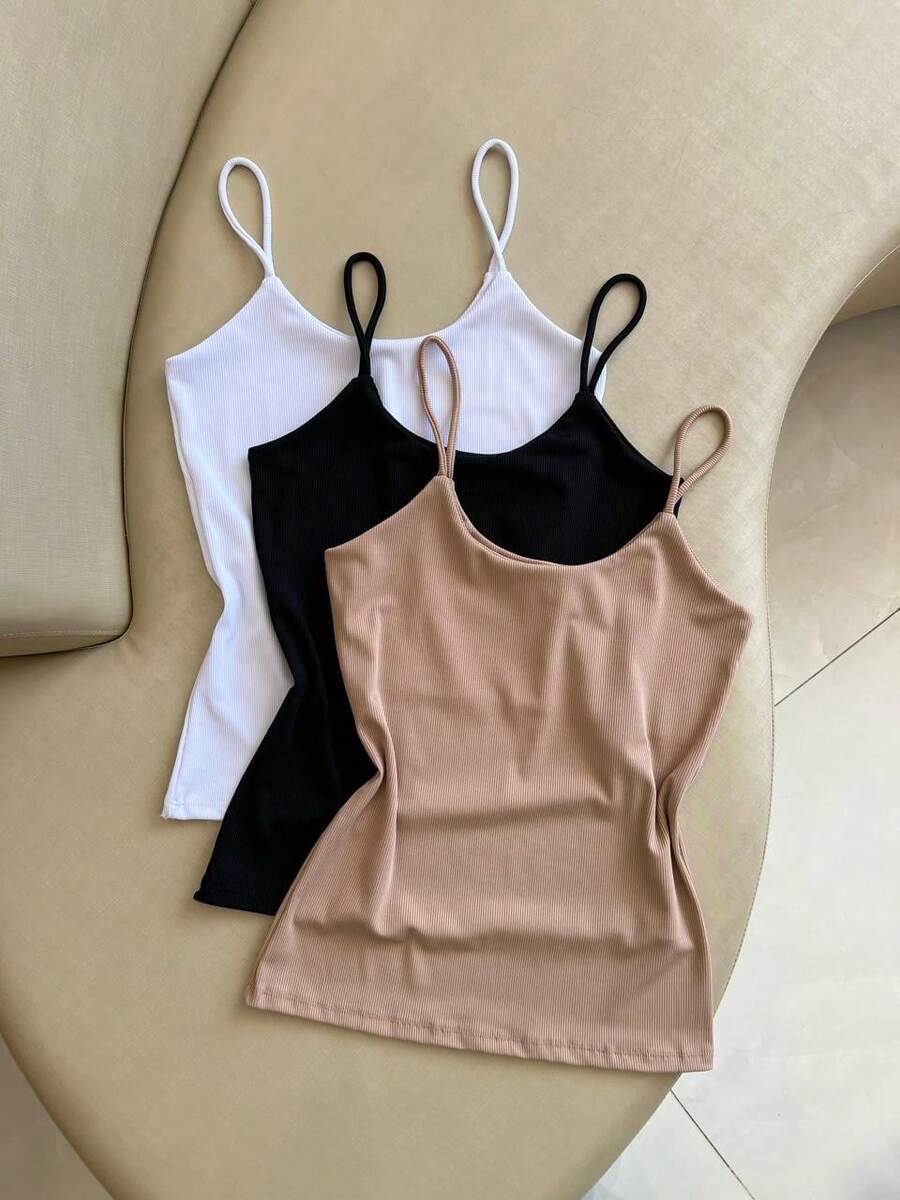 Kit 3 Women's Suplex Ribbed Tank Top With Thin Straps, Ribbed Blouse, Summer Stylish, Fashion Blogger Colors, Summer - 黑色/米色/棕色 - 查看 1