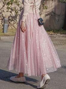 Spring/Summer New Versatile Pink Sequin Skirt, Pink Mesh A-Line Skirt, Pleated Flared Skirt - Pink - View 1