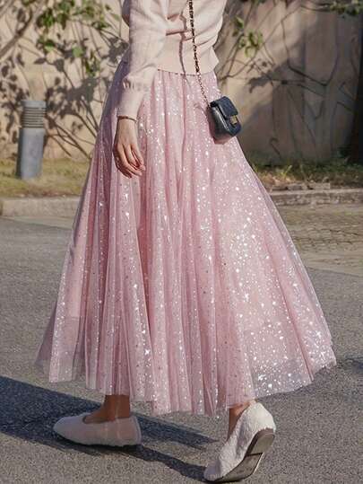 Spring/Summer New Versatile Pink Sequin Skirt, Pink Mesh A-Line Skirt, Pleated Flared Skirt