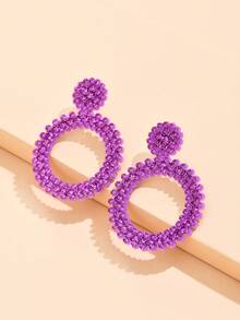 Rhinestone Round Stud Earrings - Hot Pink - View 4