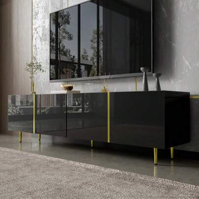 Schwarzes Hochglanz-TV-Shrank Mit 4 Türen, Modern Und Schlicht, In Schwarz-Gold-Farbkombination
