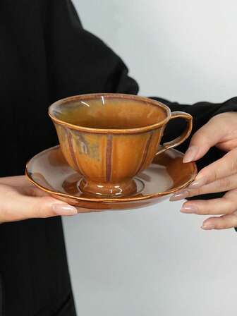 1pc French Design Iridescent Ceramic Cup & Saucer Set, Floral Coffee Cup & Saucer, Elegant Vintage Afternoon Tea Cup, Ceramic Latte Cup, Tea Cup, Perfect For Garden Party, Sophisticated Tableware