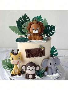 13pcs Or 1pc Forest Leaf Cake Decorations, Jungle Animal Cake Toppers, Lion Giraffe Elephant Monkey Grass Cake Decorations, Happy Birthday Tree Brand Cake Inserts, Suitable For Birthday Cake Decorations, Forest Theme Party Cake Decoration Supplies, Baptism Cake Decorations,Babyshower Cake Toppers(Do Not Touch The Cake Directly; Please Use With A Tray And A White Rod.) - Multicolor - View 4