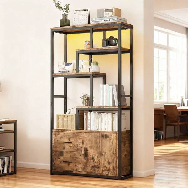 Biblioteca a 5 livelli con LED, Mobile di Stoccaggio con Porta e 2 Cassetti, Struttura in Metallo, Marrone e Nero