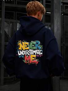 一件青少年男童保暖连帽衫，带标语印花，适合青少年学生穿着，秋冬季长袖上衣 - 藏蓝色 - 查看 1