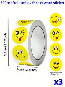 1卷/3卷/5卷装 可爱笑脸奖励贴纸，每卷500张，2.5厘米自粘贴纸，带封口胶带包装，可用于礼品、装饰和封口，笑脸贴纸可供教师奖励学生，也可用作标签贴纸、早教教学贴纸、剪贴簿/日记/信封/卡片装饰贴纸，以及送给家人、朋友、同事的礼物，也可用于学校用品、圣诞节礼物、复活节礼物和节日礼物。 - 多色 - 查看 8