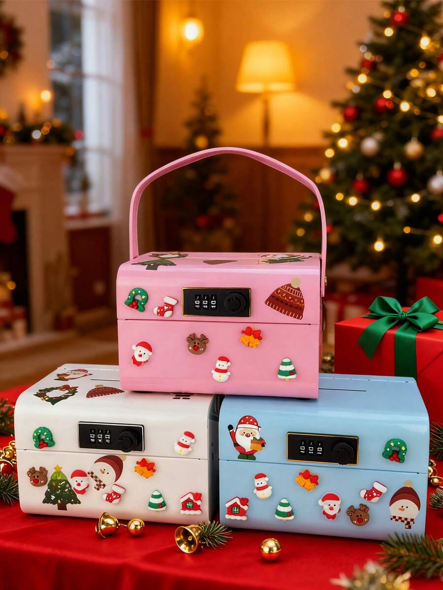 Pink Number Lockable Safe, Lockable Cash Box, Money Saving Lockbox, 7x5.5x4.7 Inch Medium-Sized Password Storage Box, Metal Cash Register, Free Christmas 3D Stickers, Christmas Style Number Box - A Secure Budget And Savings Solution