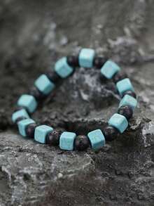1件手工石手链，8毫米方形绿松石珠，圆形缟玛瑙黑曜石串珠手链，简约风格，适合休闲装扮 - 綠松石色 - 查看 7