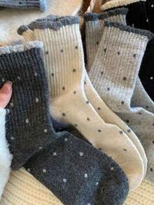 4 pares de calcetines casuales de estilo vintage con lunares y encaje, versátiles para otoño/invierno - Multicolor - Ver 2