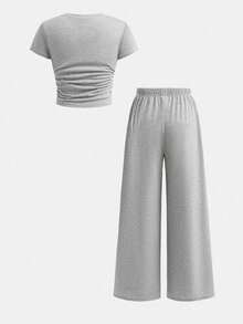 Toddler Girls' Cartoon Heart Print Short Sleeve Top And Loose Fit Pants Set - Grey - View 2