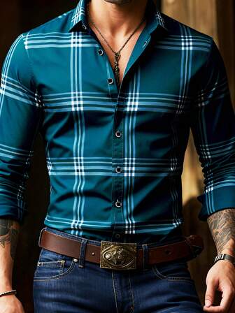 Camisa de manga larga de diseño clásico de un solo pecho a cuadros para hombres, con detalles de estampado de rayas, adecuada para primavera, verano y otoño, para oficina, negocios, casual y ocasiones formales, para el otoño