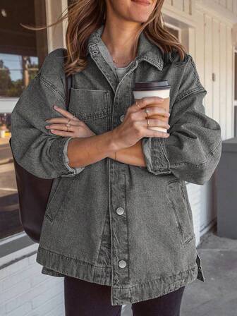 جاكيت جينز مغسول بشكل عادي فضفاض وعتيق