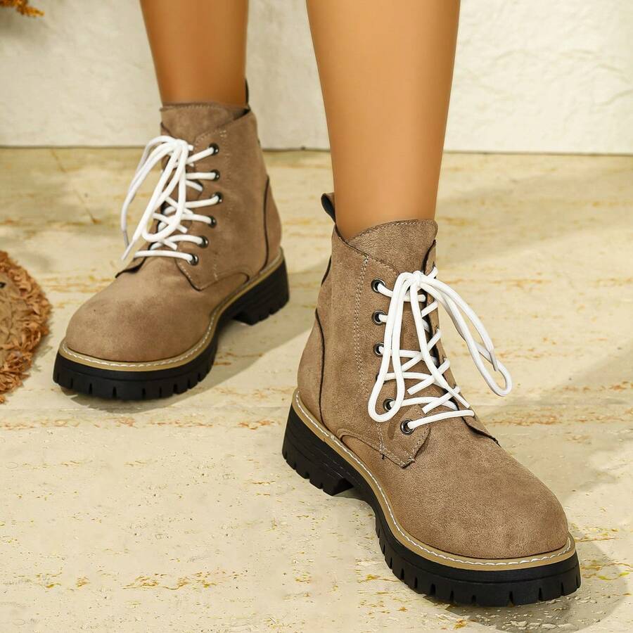 Fall/Winter Retro Suede Boots For Women, Lace-Up Thick Sole Ankle Boots, European And American Fashion Street Style - Khaki - View 1