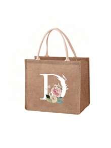 Mini Blumen Buchstaben bedruckter Leinen Shopper, Einkaufstasche Handtasche für Frauen Mode Jutegewebe Einkaufstasche, tragbare Tasche für Lehrer, ideal für Einkaufstasche, Lunch Tasche, es ist ein Geschenk für Frauen, Mütter, Lehrer, Freunde, Brautjungfern, Liebhaber, Studenten, geeignet für Dates, Geburtstag, Feste, Rückkehr zur Schule, Urlaub, Strand, Reisen, Pendeln, Geschäft, Studenten, Picknick, Camping, Supermarkt, tägliche Aufbewahrung
