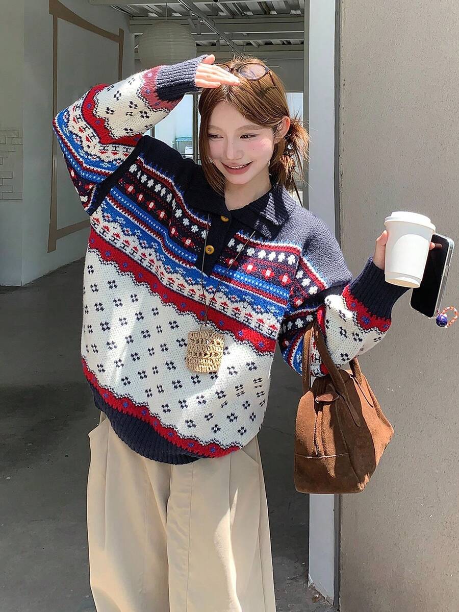 Autumn/Winter New Loose Pullover Knit Sweater, Retro Fashion Color Block Jacquard Knitwear Top For Women - Multicolor - View 1