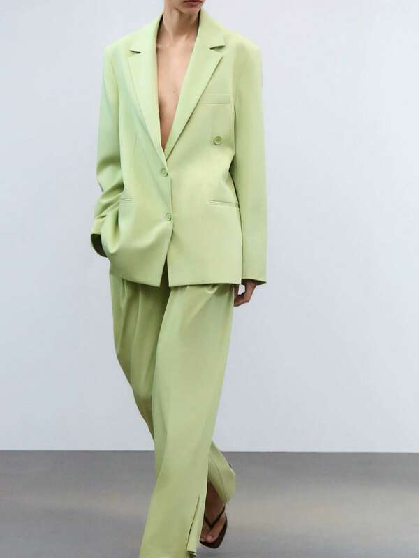 1 Pc Solid Color Polyester Button Pocket Jacket, Suitable For Office Wear, Spring/Summer