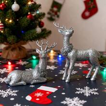 2 Figuras de Renos, Adorables Estatuas de Ciervos, Animales de Resina, Decoración de Escritorio para el Hogar y Fiestas Navideñas - Plateado - Ver 3