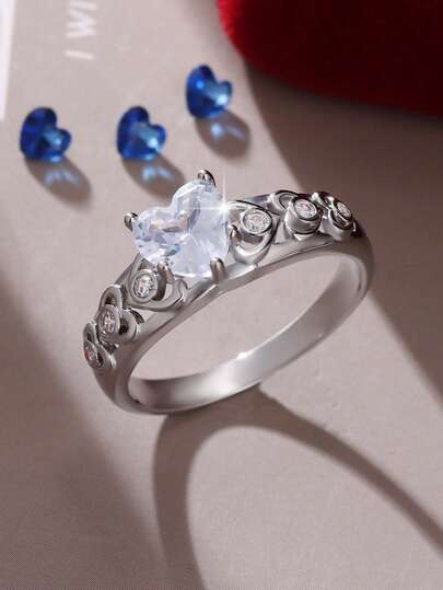 1pc High Quality Shiny Romantic Heart Shaped Synthetic Engagement Ring - Elegant French Design, Suitable For Women, Suitable For Parties And Gifts, Graceful, Casual Style