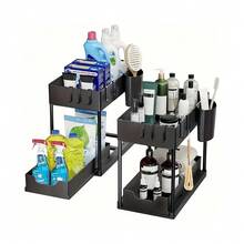 2 Tier Stackable Kitchen, Bathroom, Countertop Spice Rack Shelves Under Sink Organiser Shelf, Multi-Purpose Organisation For Kitchen Bathroom, Easy Assembly - Black - View 8