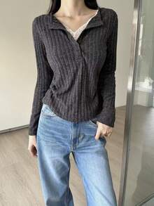 Buttons Detail Casual Lace Ruched 2 In 1 Brushed T-Shirt Top