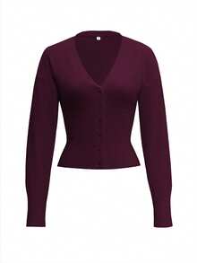 Áo cardigan dài tay cổ chữ V màu trơn, thiết kế cúc cài, phong cách Y2K lấy cảm hứng từ cô gái trẻ trung, gợi cảm, phù hợp cho mùa xuân, ngày Valentine và mùa tựu trường. - Màu đỏ tím - Xem 3