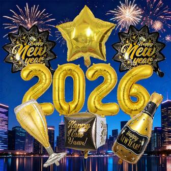 10pcs 2026 Happy New Year Wine Glass 5-Pointed Star Decor Balloons, Includes 18" Gold 5-Pointed Star, 16" Gold 2026 Digits, Wine Bottle & Glass, Suitable For New Year Decoration, Home Decor, Party Decor, Indoor & Outdoor Decor, Surprise Gift For Friends