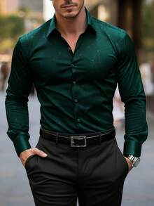 Men's Casual Dress Shirt For Multiple Occasions, Party, Gathering, Elegant Business Shirt - Essential Gift For Men, Dark Geometric Pattern, Gold Buttons - Dark Green - View 5
