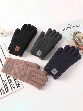 Unisex Touchscreen Warm Gloves - Double-Layer Thermal Lined Windproof Cold-Proof Knitted Gloves, Suitable For Cycling And Outdoor Activities, Casual Solid Colors (Black, Brown, Gray, Navy Blue), Winter Gear
