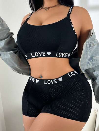 Plus Size Women Sexy Mesh Sheer Fabric Comfortable Letter Strap LOVE Sports Bra Lingerie Set