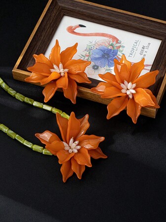 Set de 3 piezas de joyas hechas a mano con aretes y collar con diseño floral, elegante, botánico fresco, diseño de pétalos en forma de corazón delicado, adecuado para fiestas, estilo callejero y uso diario de mujeres (profundidad de color aleatoria)