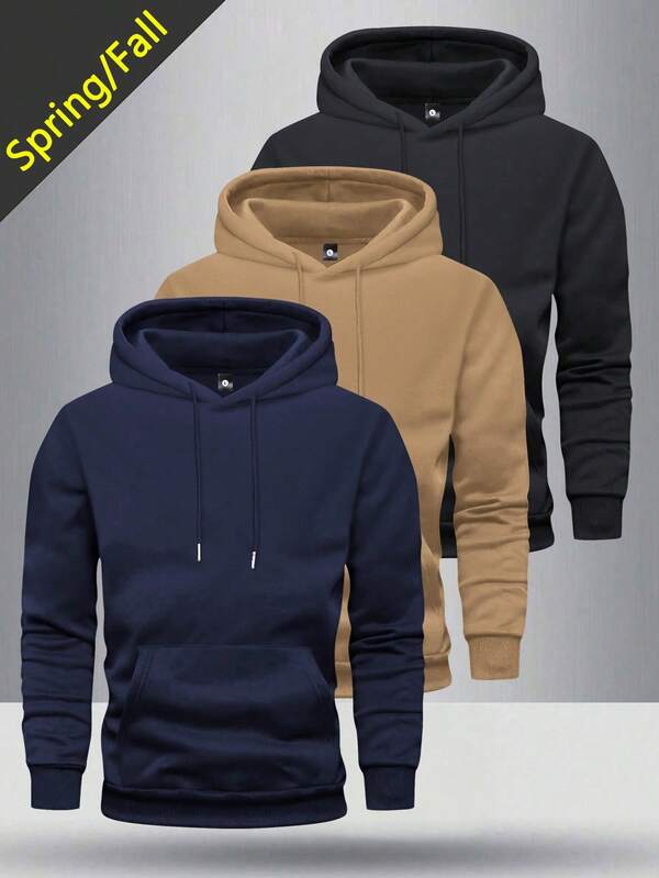 3pcs/Set Men's Lightweight Regular Fit Long Sleeve Hoodie With Pockets, Solid Color Basic Casual Sportswear Outerwear, Suitable For Spring/Autumn, Great Gift For Husband/Boyfriend, Suitable For Street, Commute, Outdoor