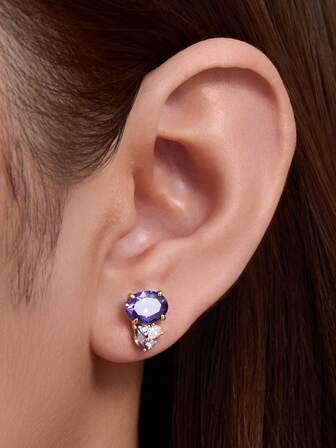 1 par de pendientes de botón de plata de ley 925 con gemas de colores para mujeres, pendientes geométricos minimalistas de lujo con óvalo de circonita púrpura