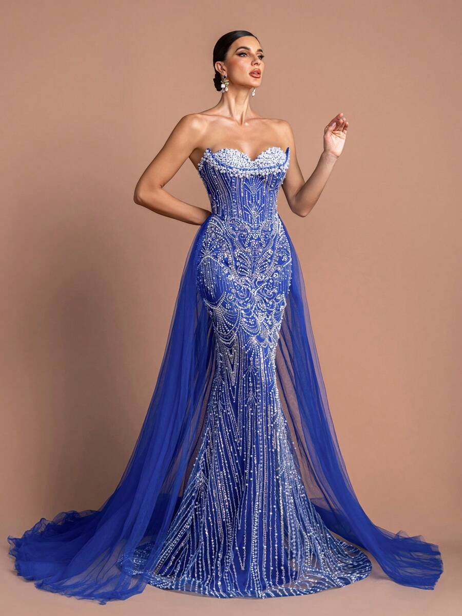 Elegant Women's Strapless Long Party Dress, Adorned With Delicate Pearl And Contrast Mesh Details - 寶藍色 - 查看 1