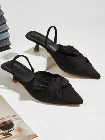 Women's High Heel Shoes, New Spring/Summer Pointed Toe Sandals, Pleated Design, Kitten Heel, Thin Strap Mule Slingback Shoes, Suitable For Party, Commute, Casual, Comfortable Low Heel