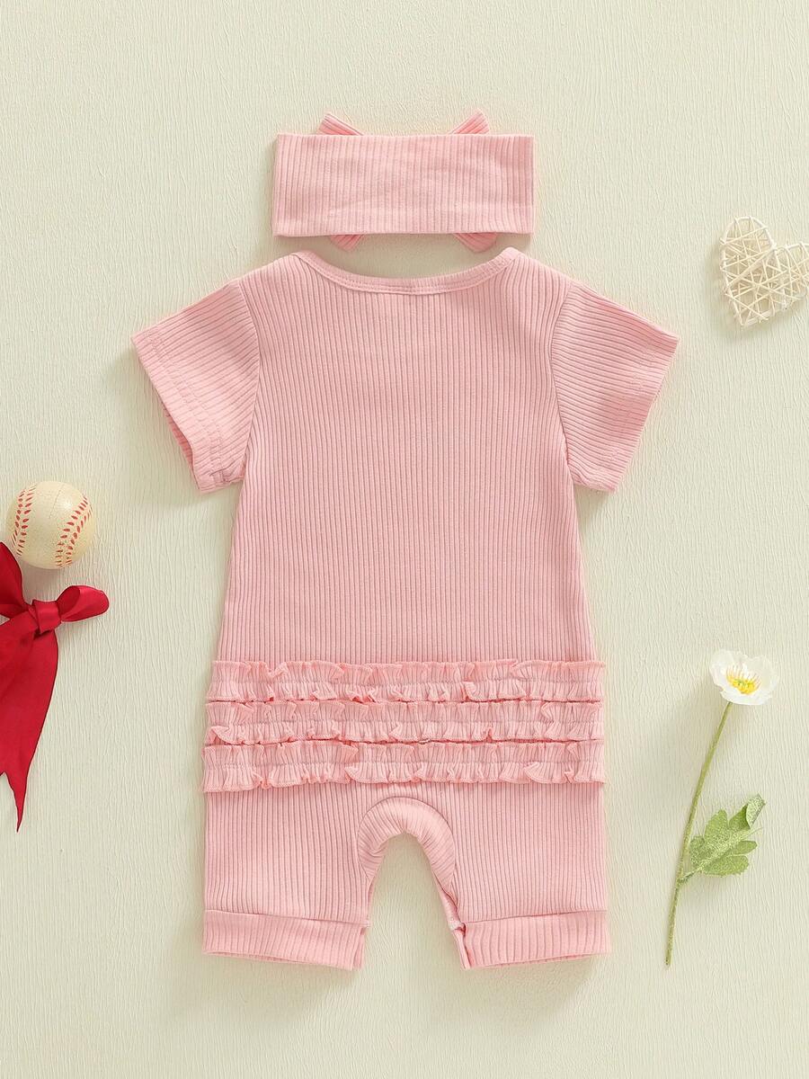 Mono de manga corta para niña con estampado de béisbol y letras, cuello redondo acanalado y diadema con lazo - Rosa intenso - Ver 1