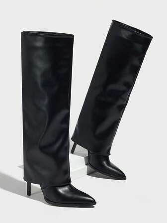 Fall/Winter Women's Fashion Pointed Toe Stiletto Leg Shaft Black Knight Versatile Plus Size Knee-High Boots, Black,High Heels