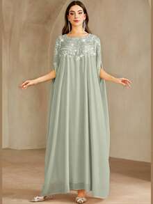 Women's Round Neck Elegant Long Dress With Embellished Floral Collar And Rhinestones, Solid Color - Green - View 4
