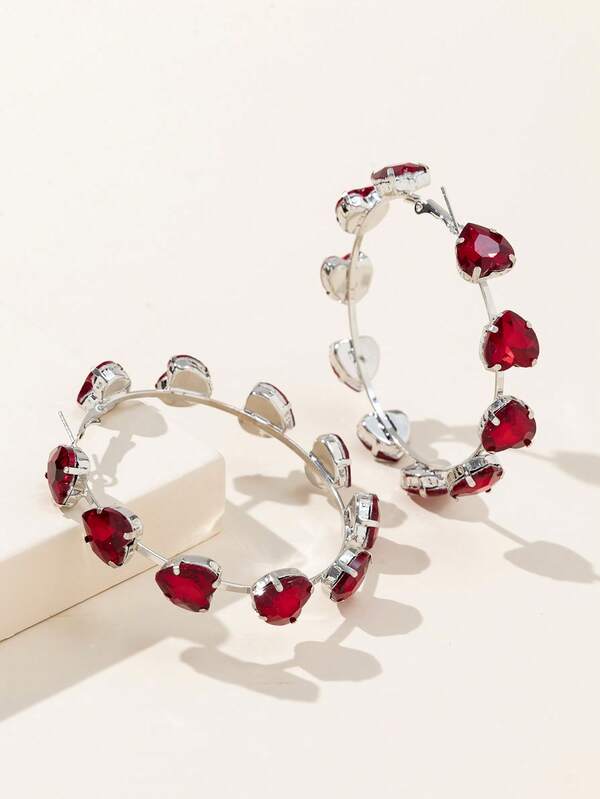 1 Pair Women's Cute & Fashionable Pink Heart Shaped Crystal Hoop Earrings, Suitable For Daily Wear