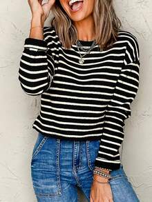 Acelitt Women's Brown Striped Print Ribbed Crew Neck Long Sleeve All-Match T-Shirt, Versatile For Autumn/Winter - Black - View 3