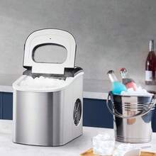 Máquina para hacer hielo de encimera, 9 cubitos listos en 6 minutos, 33 libras en 24 horas, máquina para hacer hielo portátil autolimpiante con pala y canasta para hielo, máquina para hacer hielo con 2 tamaños de balas de hielo para el hogar, la cocina, la oficina, el bar y la fiesta - Plateado - Ver 9
