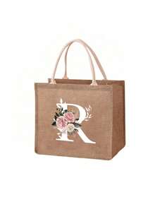 Mini Blumen Buchstaben bedruckter Leinen Shopper, Einkaufstasche Handtasche für Frauen Mode Jutegewebe Einkaufstasche, tragbare Tasche für Lehrer, ideal für Einkaufstasche, Lunch Tasche, es ist ein Geschenk für Frauen, Mütter, Lehrer, Freunde, Brautjungfern, Liebhaber, Studenten, geeignet für Dates, Geburtstag, Feste, Rückkehr zur Schule, Urlaub, Strand, Reisen, Pendeln, Geschäft, Studenten, Picknick, Camping, Supermarkt, tägliche Aufbewahrung