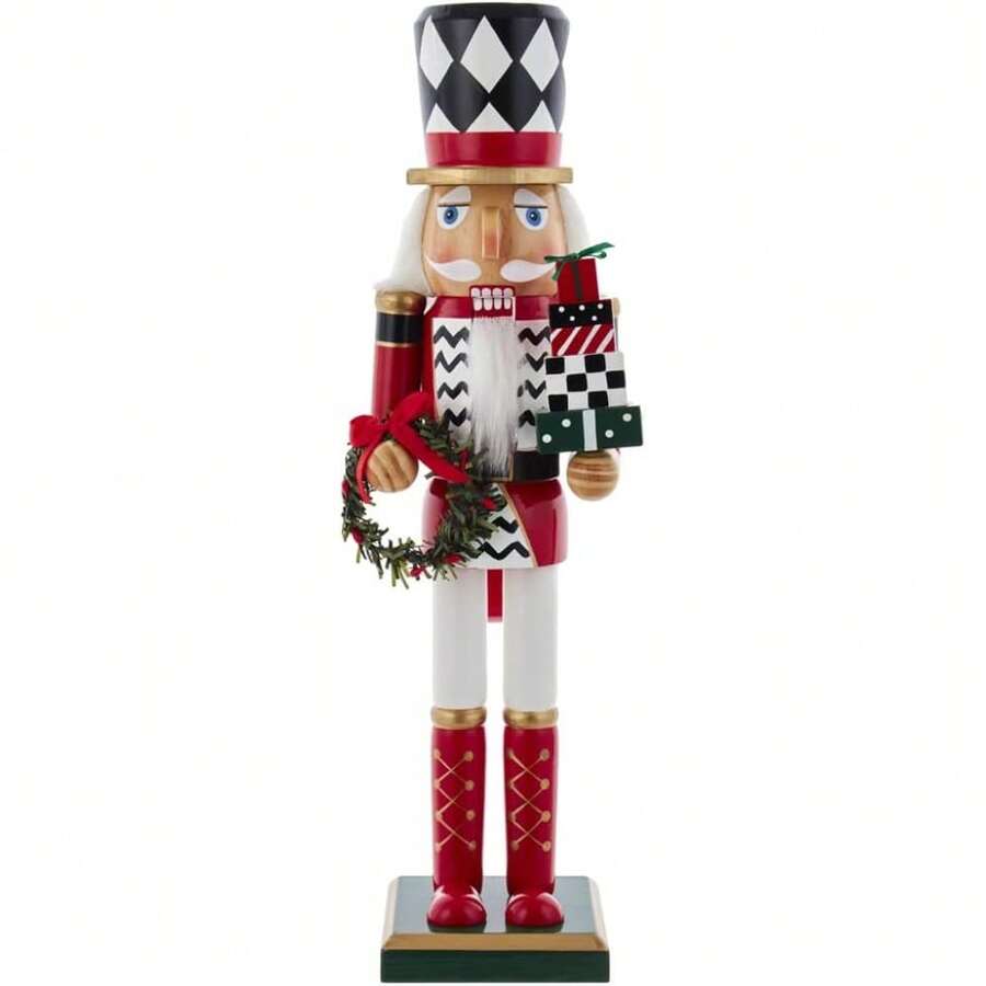 15-Inch Red, White And Black Nutcracker With Gift Box And Wreath--Christmas Decor, Holiday Decor, Christmas Ornament, Christmas Tree Ornaments, Christmas Supplies, Christmas Gifts - 預設 - 查看 1