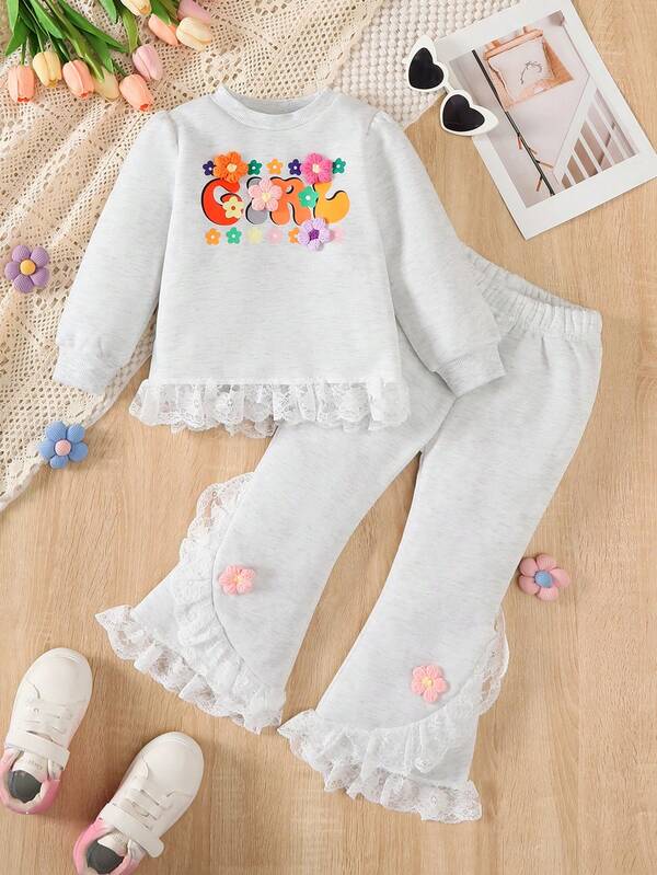 Two Pieces Set Of Girls' Letter Printed Lace Decoration Hoodie Paired With Lace Decoration Three-Dimensional Flower Casual Pants For Autumn And Winter
