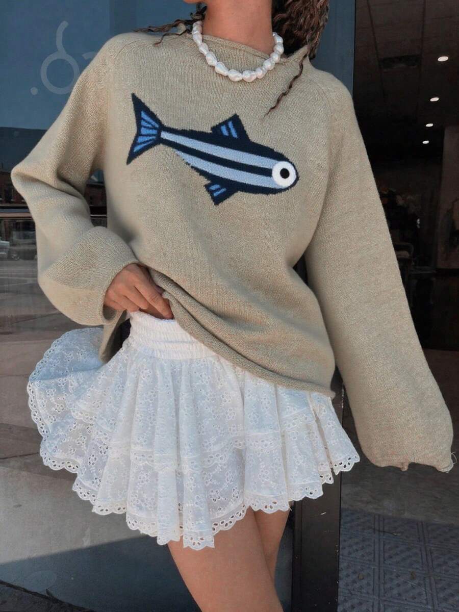 Suéteres de punto para mujer, de manga larga, cuello redondo, con bordado de peces, tops holgados - Albaricoque - Ver 1
