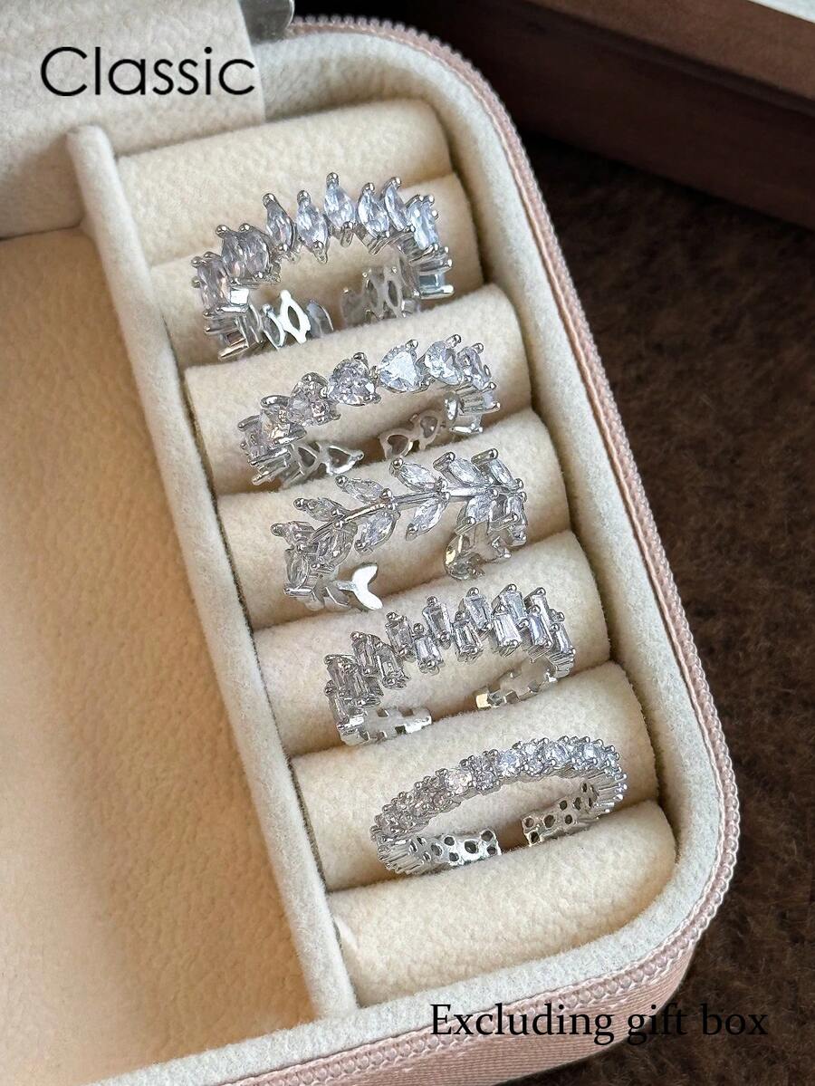 5pcs Elegant Geometric Cubic Zirconia Adjustable Copper Rings Set, Suitable For Banquet, Party, Daily Wear (No Gift Box)