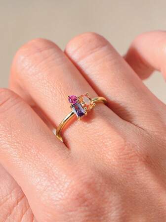 1 pieza Anillo de plata de ley S925 con geometría oblonga y circonita colorida, anillo de banda de piedras preciosas de colores de estilo lujoso Ins para mujeres