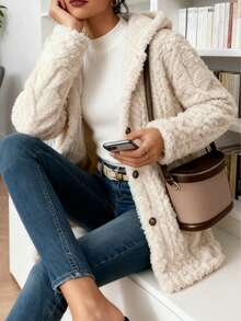 Textured Fuzzy Hooded Cardigan - Button-Up Cozy Winter Coat, Multicolor Soft Fall Outerwear For WomenD18-2 - trắng - Xem 5