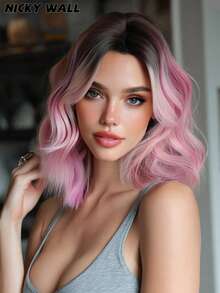 NICKY WALL 14-Inch Short Wave Pink Ombre Wigs For Women,Elegant Wavy Bob Wigs With Curtain Bangs,High Quality Soft Synthetic Fiber Wigs For Women Daily Wear, Festival Ready Party Use, Graduation Gift - Beginners Glueless Wig Accessorie - 漸層粉紅色 - 查看 1